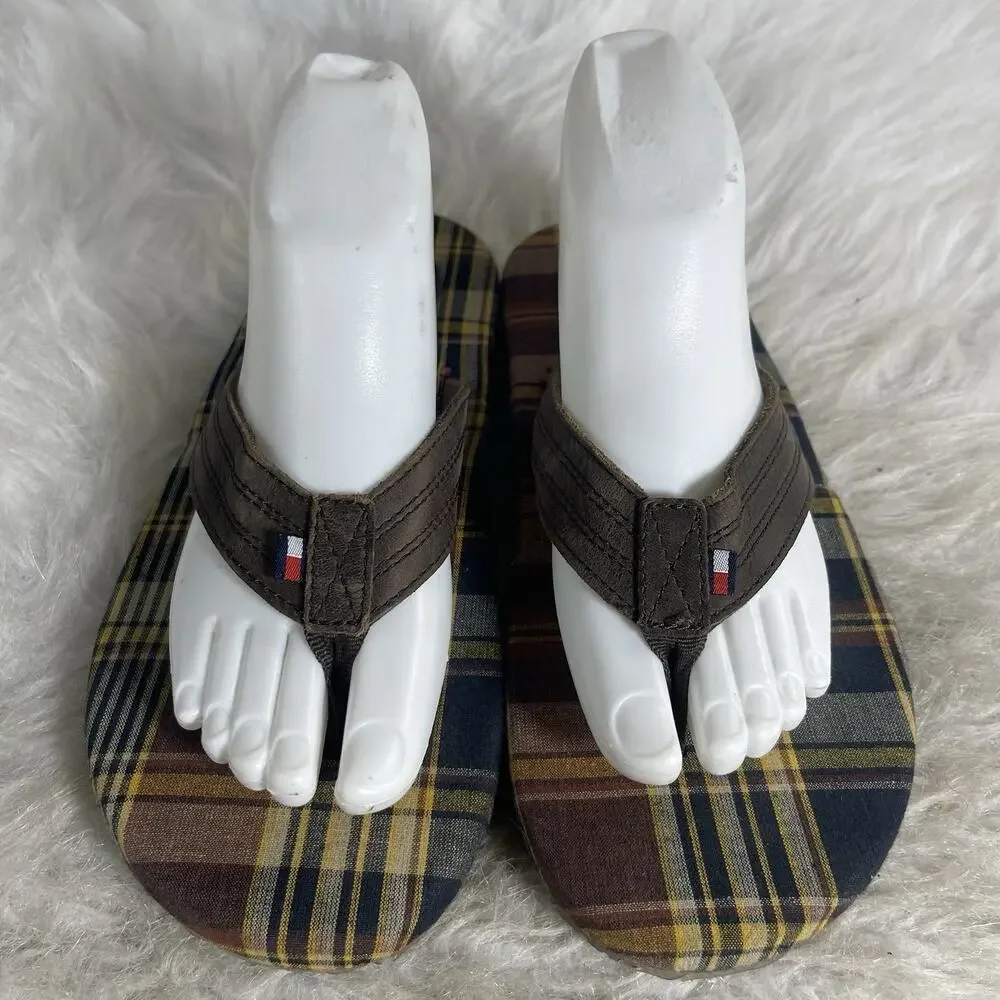 Tommy Hilfiger Flip Flops Mens 7M Brown Leather Plaid Thong Sandals
